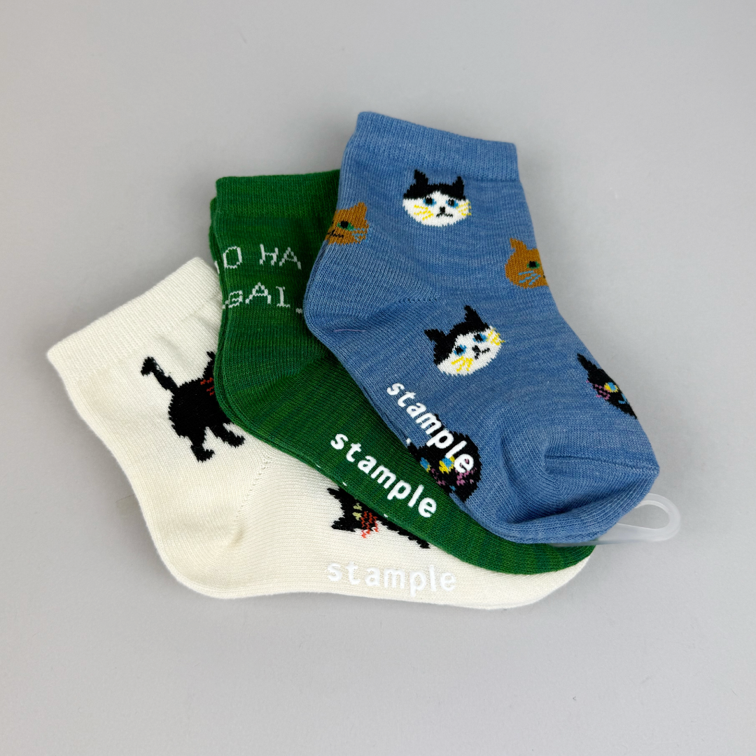 キッズ stample スタンプル|ネコばっかり ショート ソックス 3足組 ユニセックス|73131