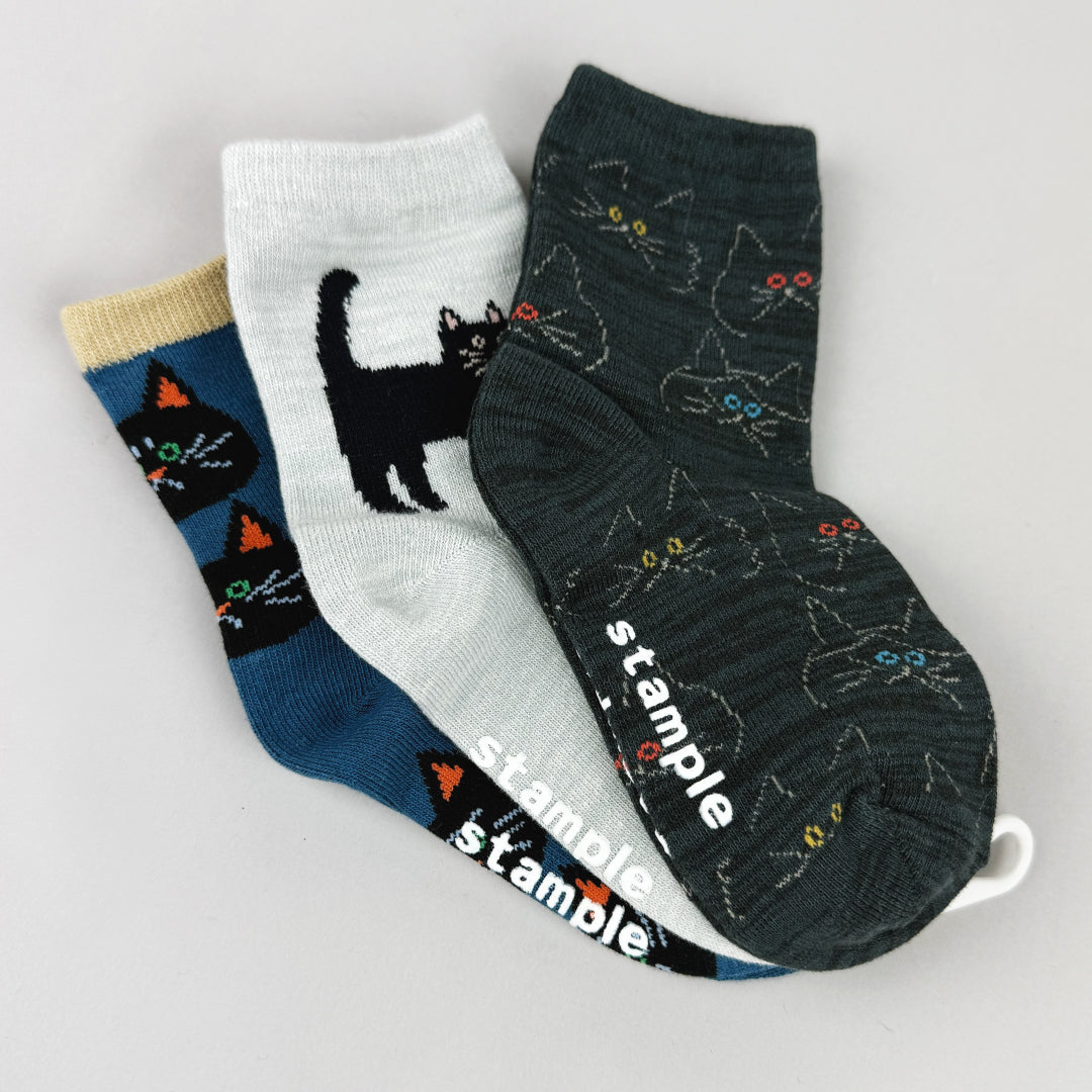 キッズ stample スタンプル|クロネコだいすきショートソックス 3足組|73010