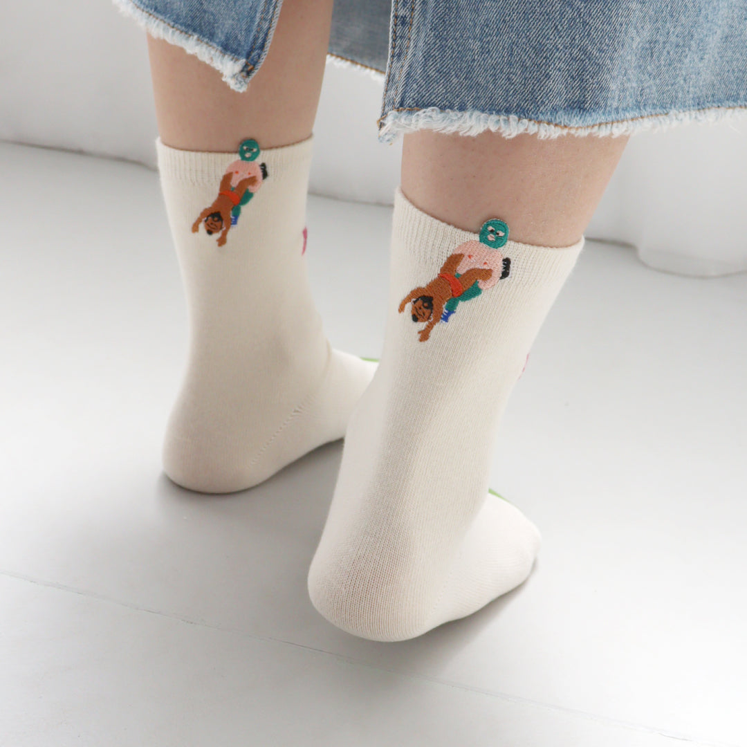 KIVISDOU きびす堂|【2足組】プロレス はみ出し刺繍 ショートソックス 靴下 個性的 ユニーク 春夏|k31142
