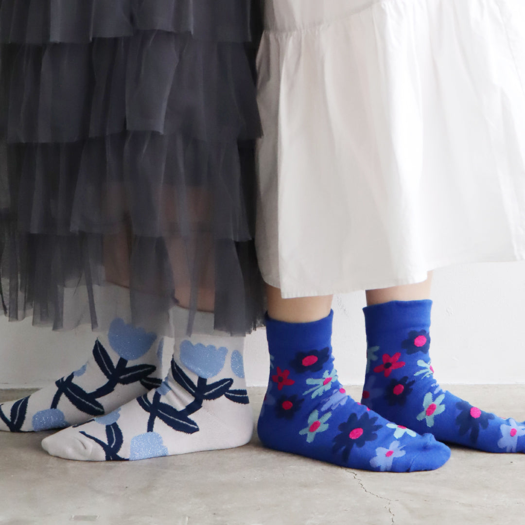 KIVISDOU きびす堂|【2足組】フラワーガーデン ショートソックス 靴下 レディース 花柄 ラメ糸 ギフト|K31147