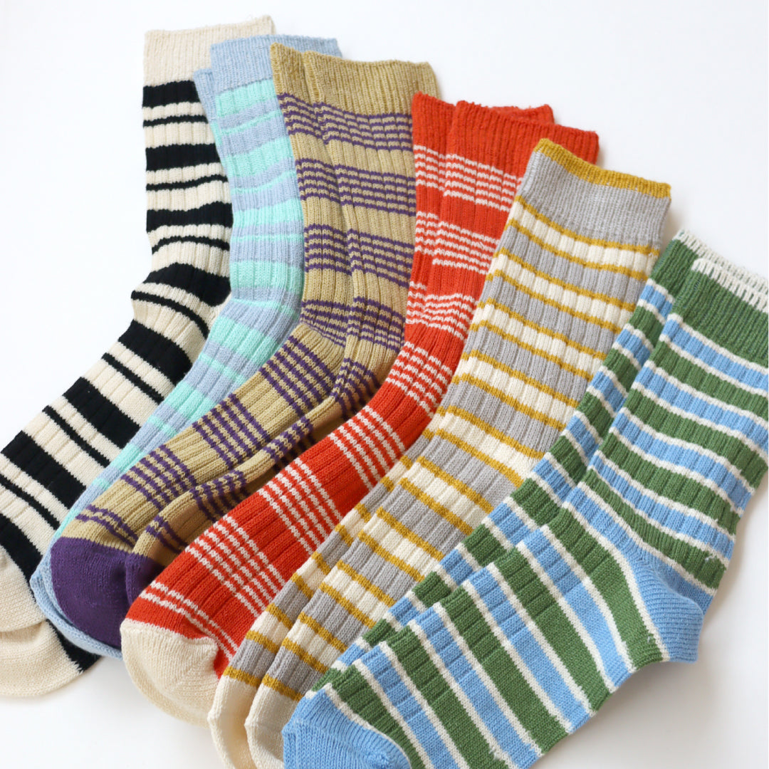 TAWARA タワラ|綿麻ボーダー クルーソックス 蒸れにくく快適 レディース靴下 ローゲージデザイン|t41168