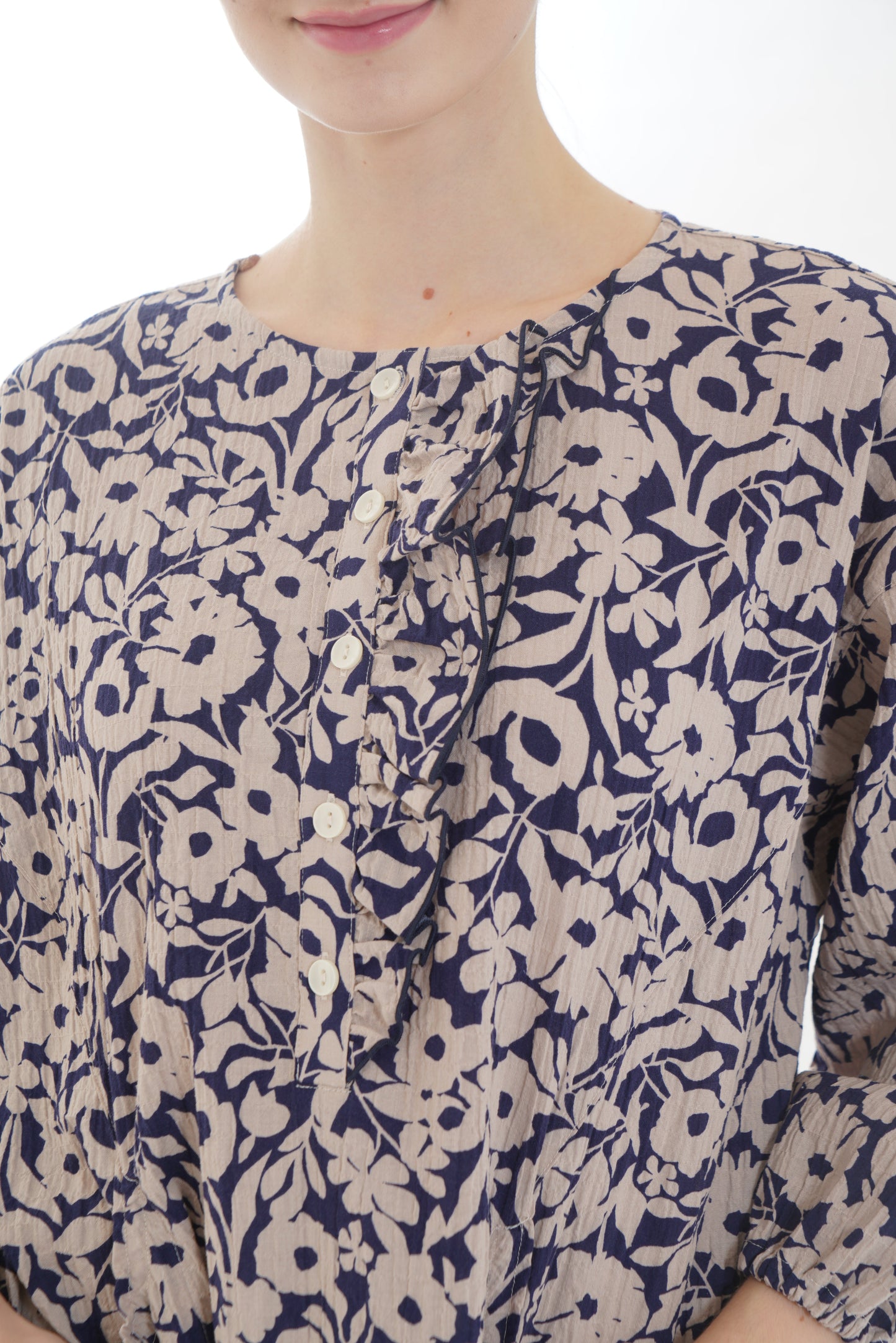 ネイビーシャーリングボイルモノフラワーフリルワンピース