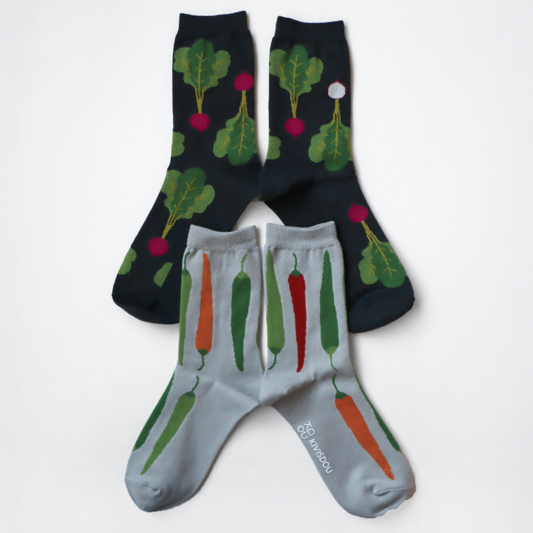 KIVISDOU きびす堂｜【2足組】お野菜クルーソックス  ラディッシュ トウガラシ ポップ柄 靴下｜k41025