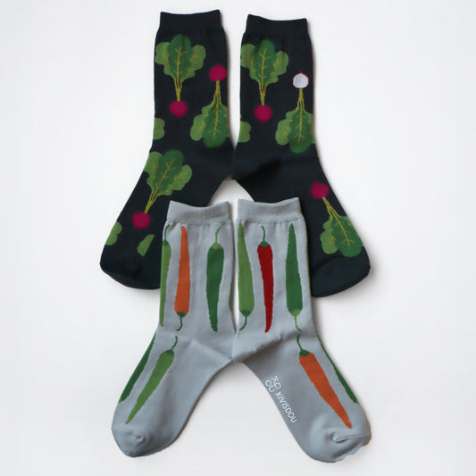 KIVISDOU きびす堂｜【2足組】お野菜クルーソックス  ラディッシュ トウガラシ ポップ柄 靴下｜k41025