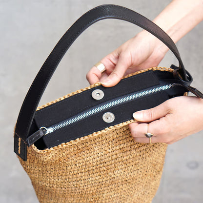 Folna フォルナ｜Raffia ラフィア カゴバッグ ワンハンドル トートバッグ 本革 レザー 経年変化 軽量 肩掛け レディース｜K765023
