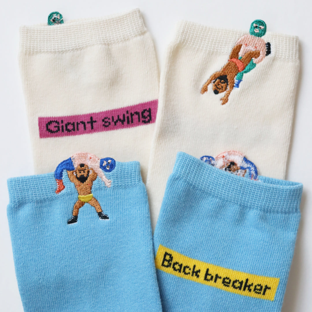 KIVISDOU きびす堂｜【２足組】プロレス はみ出し刺繍 ショートソックス  靴下 個性的 ユニーク 春夏｜k31142
