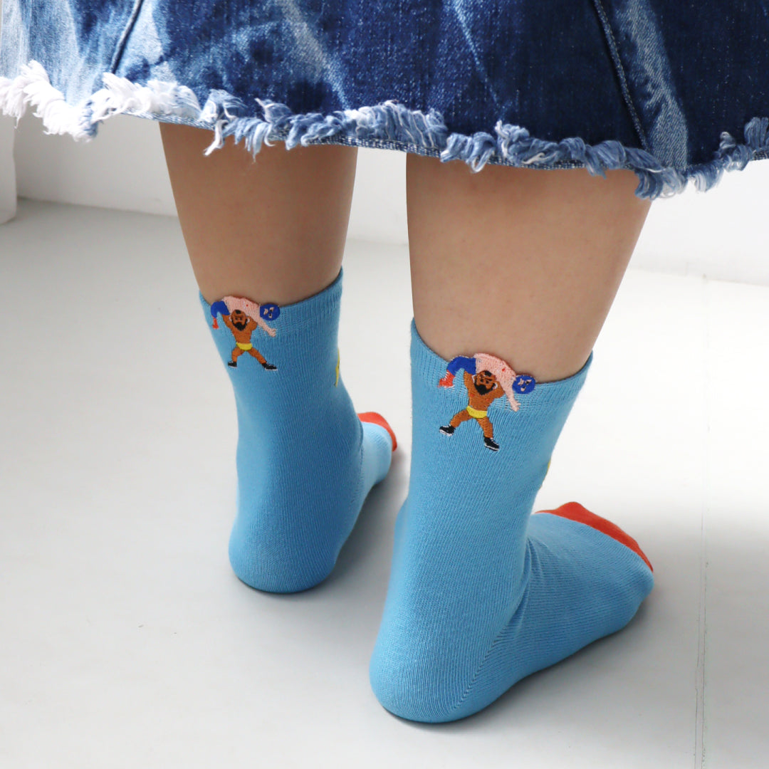 KIVISDOU きびす堂｜【２足組】プロレス はみ出し刺繍 ショートソックス  靴下 個性的 ユニーク 春夏｜k31142