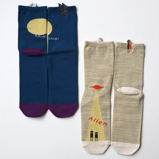 KIVISDOU きびす堂｜未確認生物ソックス2足組 エイリアン＆モスマン刺繍ショートソックス｜k31028