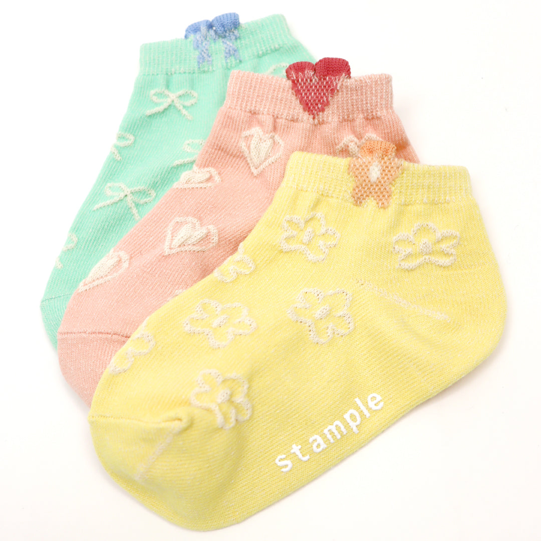 stample スタンプル｜【キッズ】ガールズモチーフ アンクルソックス３足組 靴下 女の子 子供 綿混 おしゃれ 滑り止め 春夏｜73319