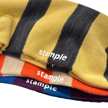 stample スタンプル ｜【キッズ】太ボーダークルーソックス３足組｜杢調の太めのボーダーデザイン 通学 すべり止め 秋冬｜73267