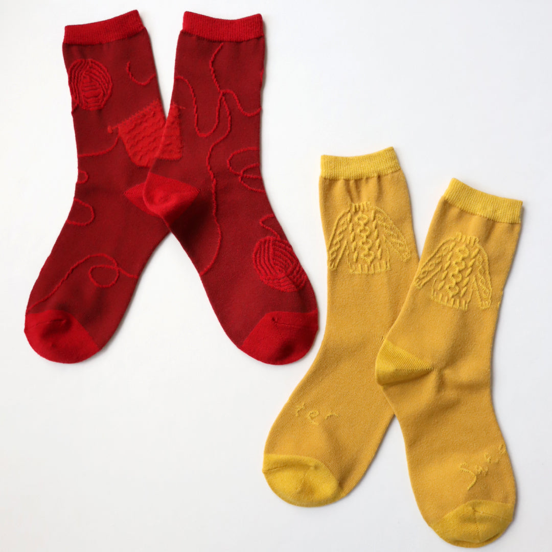 KIVISDOU きびす堂｜2足組 ウール混クルーソックス｜立体的な編み物柄で足元を彩るデザイン靴下｜k41046