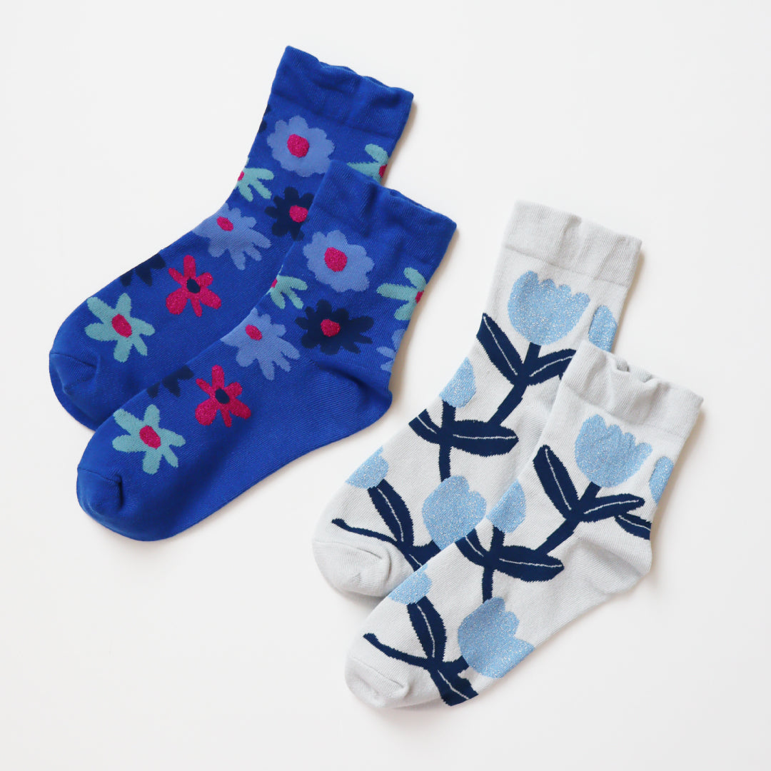 KIVISDOU きびす堂｜【2足組】フラワーガーデン ショートソックス 靴下 レディース 花柄 ラメ糸 ギフト｜K31147