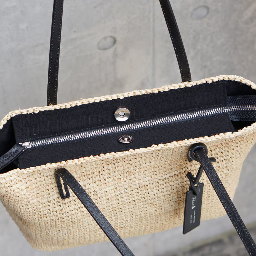 Folna フォルナ｜Raffia ラフィア カゴトートバッグ レザーハンドル B5サイズ収納可 本革 経年変化 レディース｜K765024