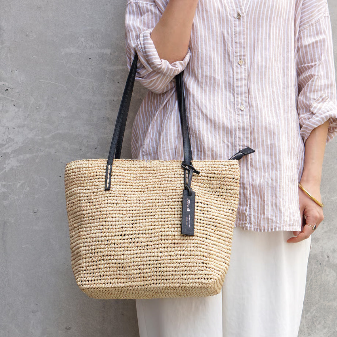 Folna フォルナ｜Raffia ラフィア カゴトートバッグ レザーハンドル B5サイズ収納可 本革 経年変化 レディース｜K765024