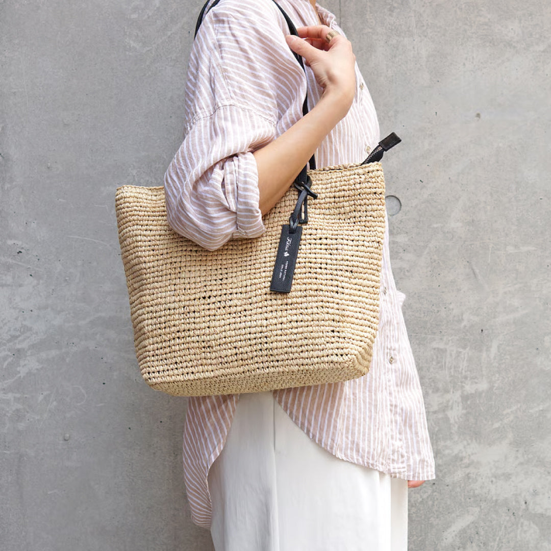 Folna フォルナ｜Raffia ラフィア カゴトートバッグ レザーハンドル B5サイズ収納可 本革 経年変化 レディース｜K765024