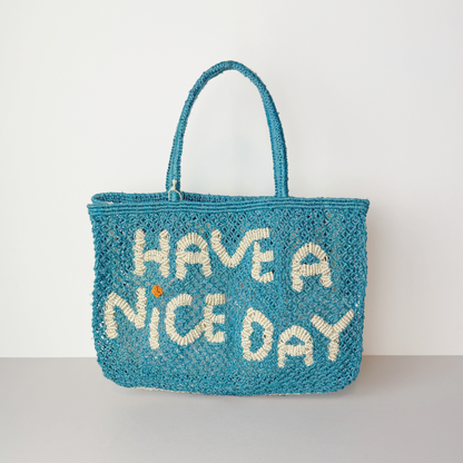 THE JACKSONS ジャクソンズ｜トートバッグ WORD SMALL HAVE A NICE DAY ジュート オーシャン ブルー ハンドメイド｜WORDSMALL-OC