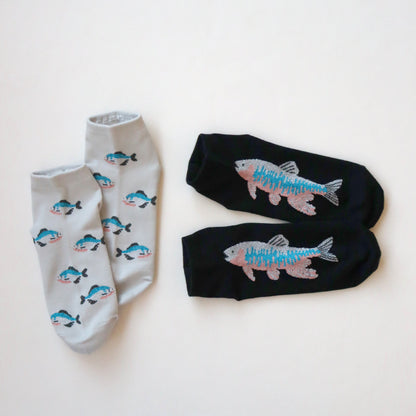 KIVISDOU きびす堂｜【２足組】オイカワ＆タナゴ 魚柄アンクルソックス レディース靴下  ラメ 個性的 春夏 キビスドウ｜K21107