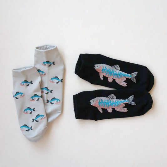 KIVISDOU きびす堂｜【２足組】オイカワ＆タナゴ 魚柄アンクルソックス レディース靴下  ラメ 個性的 春夏 キビスドウ｜K21107