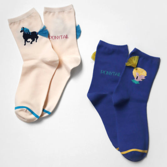 KIVISDOU きびす堂｜【2足組】ポニーテールが揺れる 遊び心あふれるユニーク刺繍 ショートソックス｜k31024