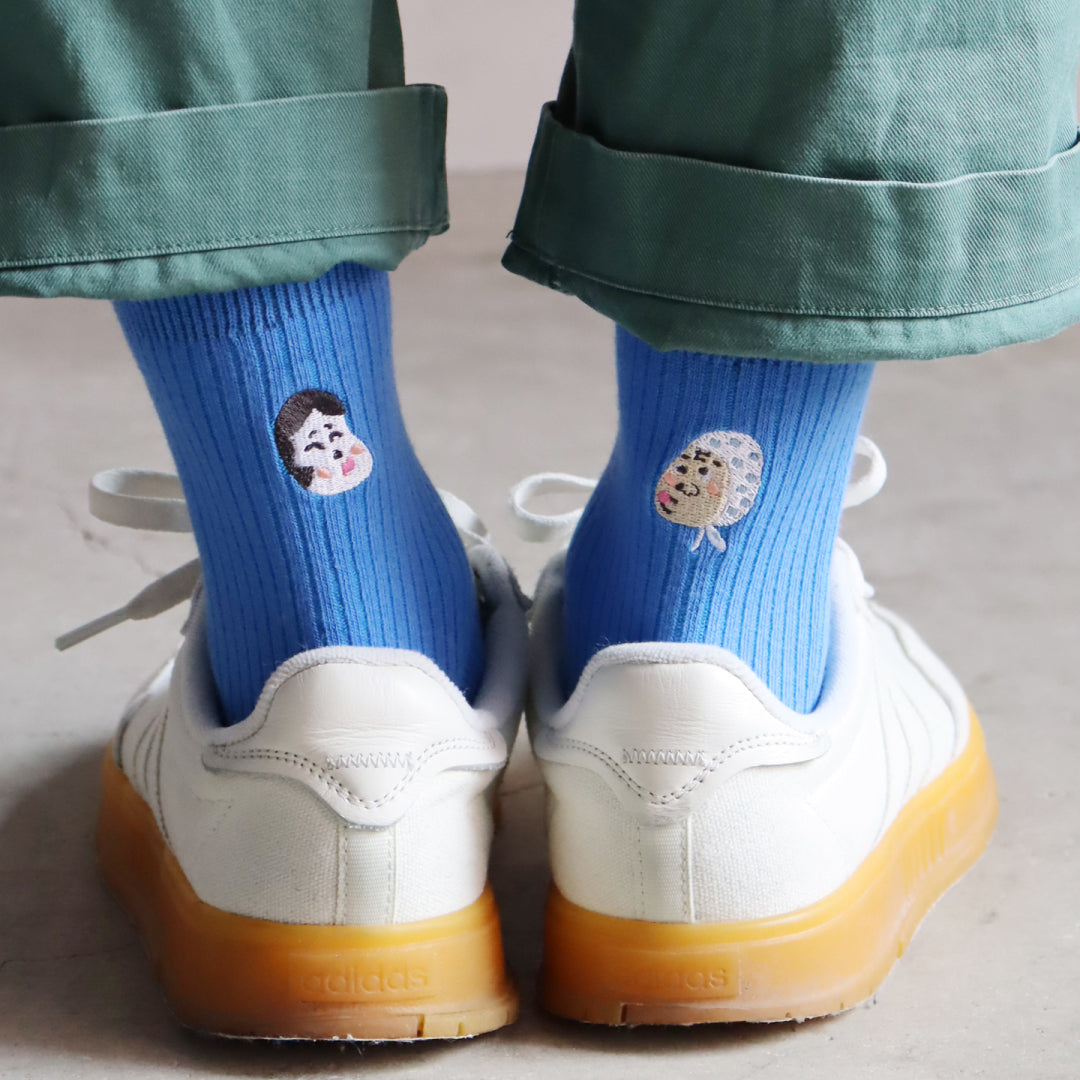 KIVISDOU きびす堂｜【2足組】福を呼ぶ おかめ・ひょっとこ刺繍 ショートソックス 縁起物｜k31027