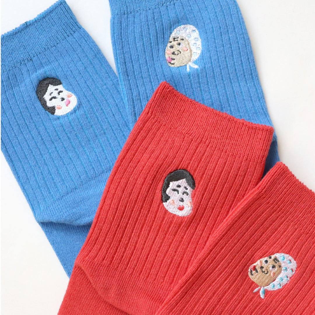 KIVISDOU きびす堂｜【2足組】福を呼ぶ おかめ・ひょっとこ刺繍 ショートソックス 縁起物｜k31027