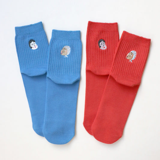 KIVISDOU きびす堂｜【2足組】福を呼ぶ おかめ・ひょっとこ刺繍 ショートソックス 縁起物｜k31027