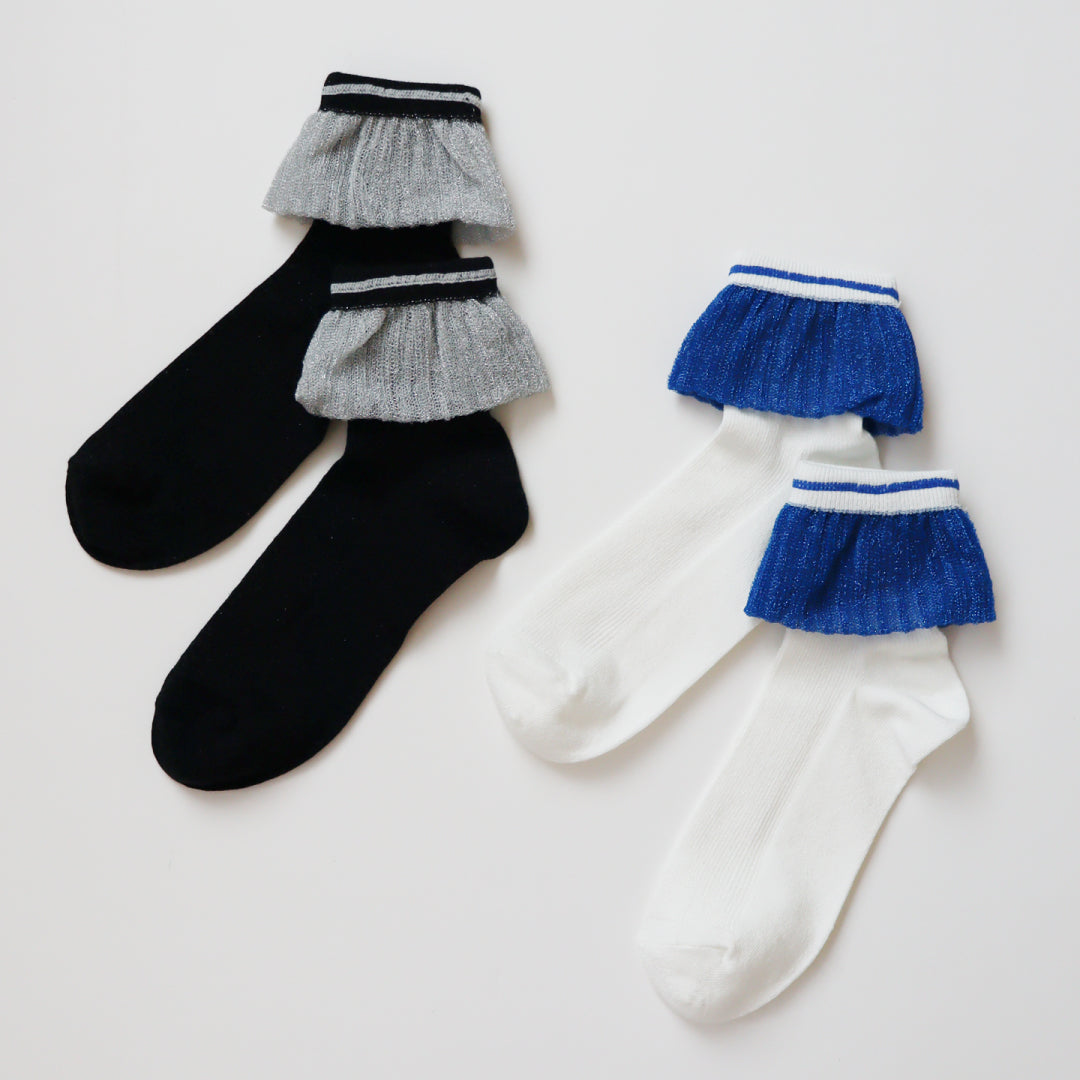 KIVISDOU きびす堂｜【2足組】シャイニーフリルショートソックス 伸ばしても可愛い2WAY仕様 ラメの煌めきが映える個性派レディース靴下 春夏｜K31149