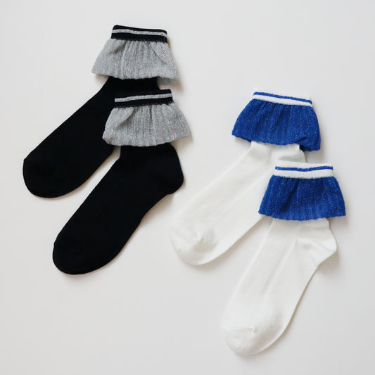 KIVISDOU きびす堂｜【2足組】シャイニーフリルショートソックス 伸ばしても可愛い2WAY仕様 ラメの煌めきが映える個性派レディース靴下｜K31149