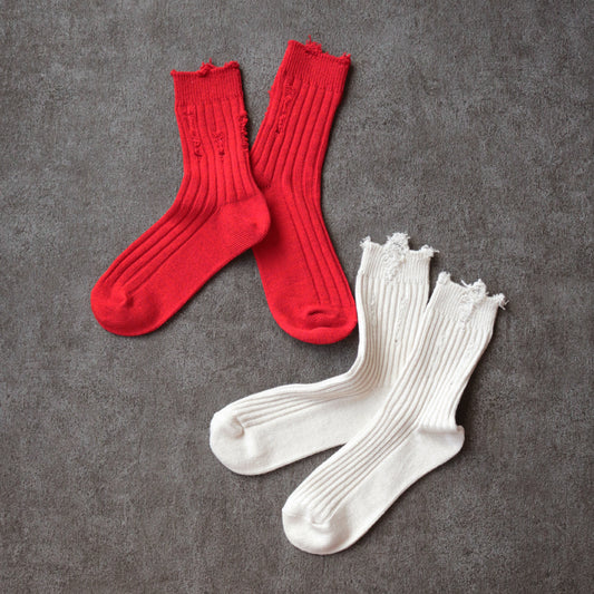 KIVISDOU きびす堂｜【2足組】 ダメージ クルーソックス ヴィンテージ風靴下 ダメージ加工 綿混素材 ｜k40770