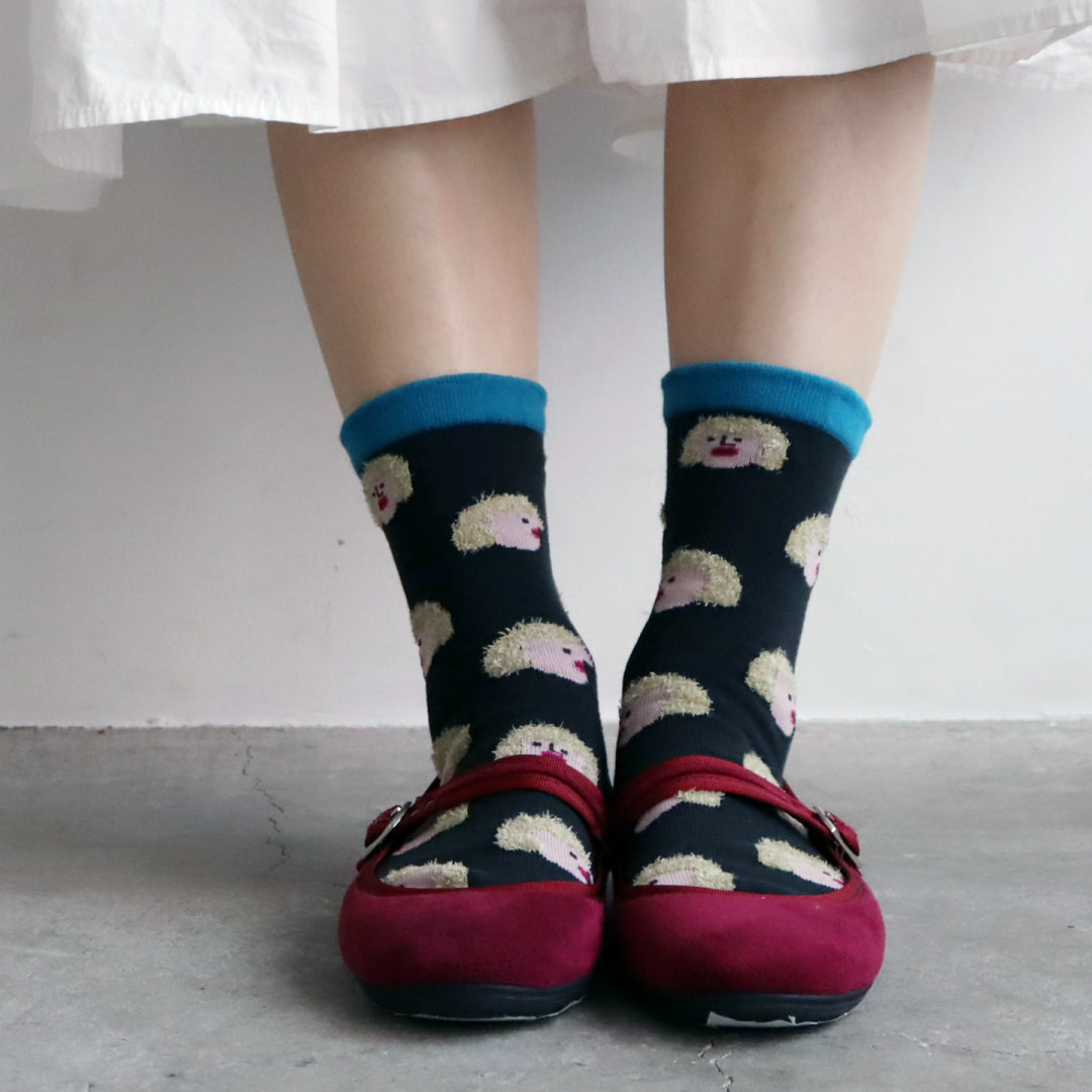 KIVISDOU きびす堂｜【2足組】ふさふさヘアー クルーソックス ユニーク総柄デザインで足元に遊び心をプラス｜k41049