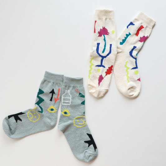 KIVISDOU きびす堂｜【2足組】TOYクルーソックス レディース 靴下 おもちゃ柄 ブークレ糸 ギフト｜k41162