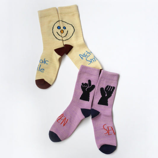 KIVISDOU きびす堂｜可愛い靴下 2足組 No deep meaning ざっくりローゲージ編み  ゆるい柄が愛らしい、ふんわり柔らかな履き心地｜k41032