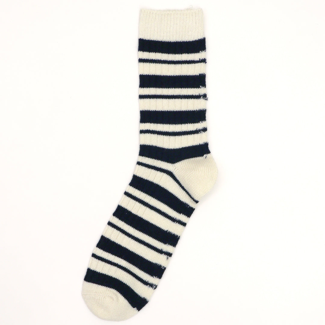 TAWARA タワラ｜綿麻ボーダー クルーソックス 蒸れにくく快適 レディース靴下 ローゲージデザイン｜t41168