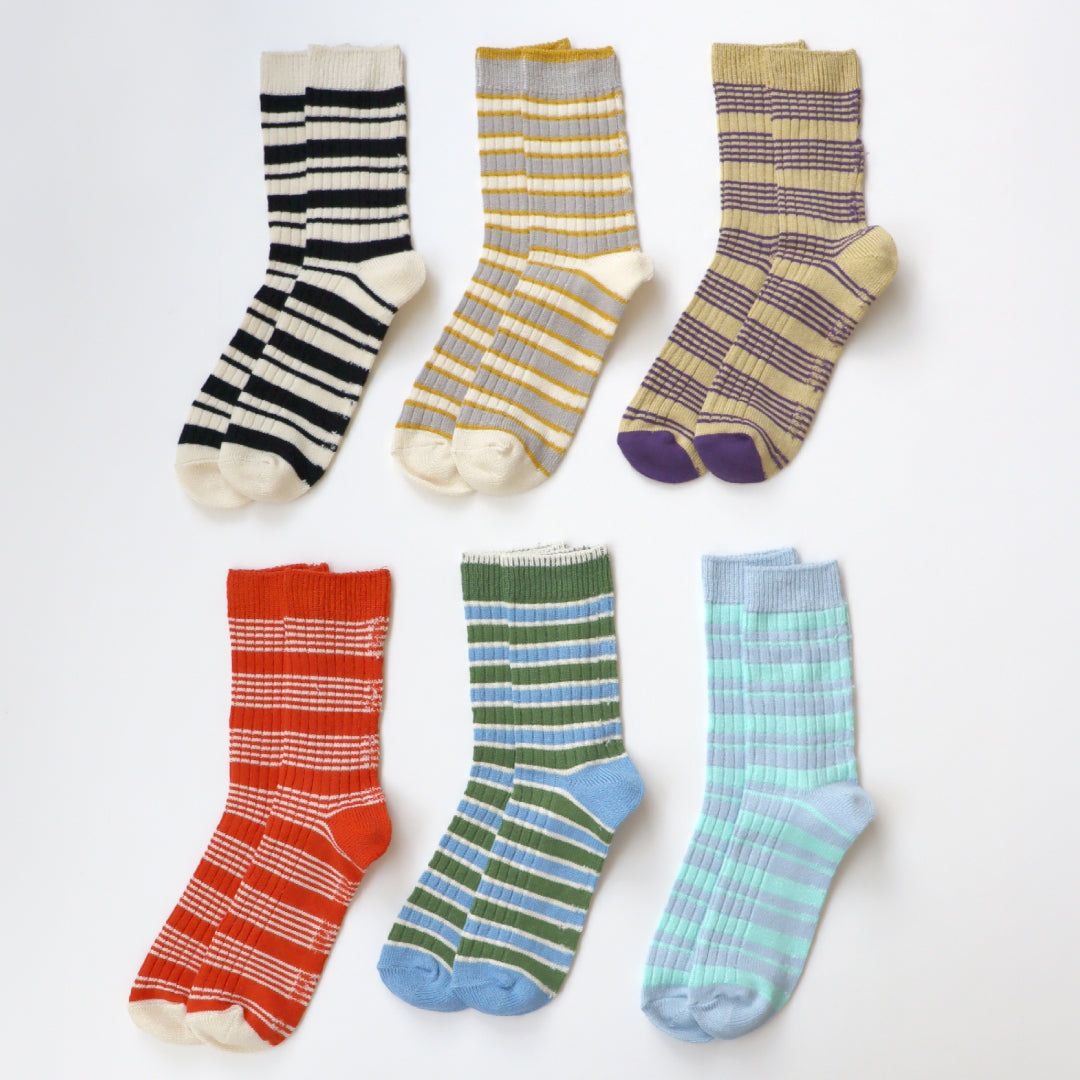 TAWARA タワラ｜綿麻ボーダー クルーソックス 蒸れにくく快適 レディース靴下 ローゲージデザイン｜t41168
